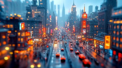 A vibrant cityscape at night featuring neon lights and busy traffic under rainy weather.
