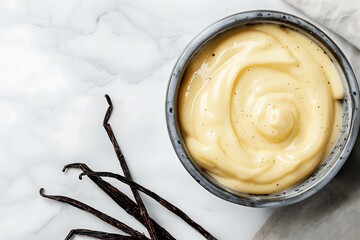 Creamy vanilla pudding in a bowl on white marble background.