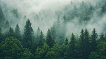 A misty green forest in the early morning, quiet and peaceful