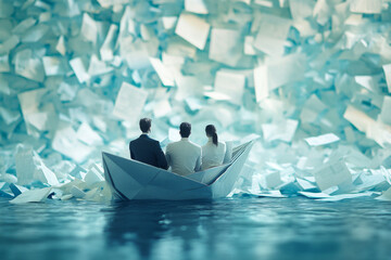 &Eacute;quipe hommes - femmes d'affaires naviguant sur un bateau en papier &agrave; travers une mer agit&eacute;e de papiers. M&eacute;taphore de la collaboration et de la navigation dans la complexit&eacute; des affaires abstrait.
