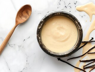 Creamy vanilla pudding in a bowl on white marble background.