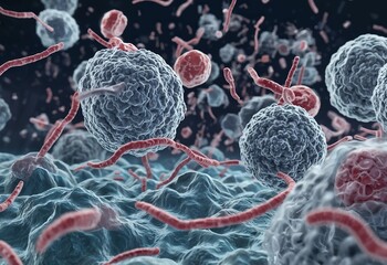 illustration of a virus, including its surface proteins, genetic material, and interaction with host cells.