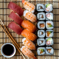 Sushi rolls set on plate, in the restaurant, Japanese food