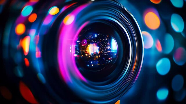 Abstract video camera lens with colorful lights. Concept of digital media production in cinema and television.