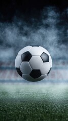 A soccer ball soars towards the camera, stirring up dust and smoke on a grassy field with bright stadium lights shining in the background during an evening match