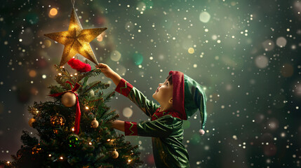 Young kid in a christmas elf costume places a golden star on a festive christmas tree