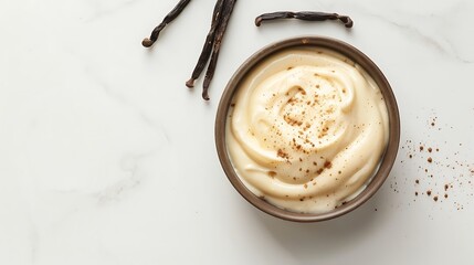 Creamy vanilla pudding in a bowl on white marble background.