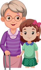 Grandmother holding walking stick standing with granddaughter