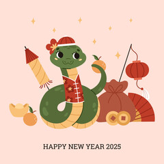 Happy Chinese New Year 2025. Holiday poster. Cute green snake with coins, tangerine, gold bar, paper lantern and fireworks. Zodiac animal. Lunar New Year concept. Kawaii character. Vector illustration