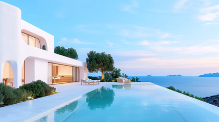 Modern villa with luxury home design and stunning ocean view at sunset