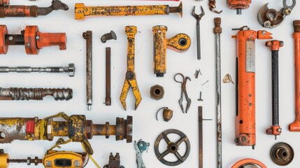 Fototapeta premium Rusty tools and mechanical parts arranged on white background