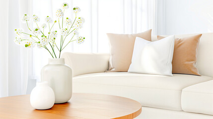 Fototapeta premium Vases with flowers in a bright living room setting showcasing elegance and modern decor