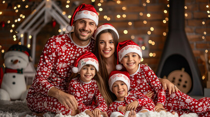 Happy family in coordinated pajamas posing for a photo in a beautifully decorated home during the christmas season