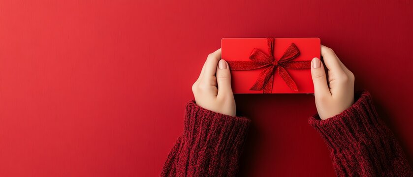 A cozy image of hands holding a red gift box adorned with a ribbon against a vibrant red background, perfect for festive occasions.
