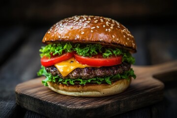 Juicy Cheeseburger on Rustic Wooden Board