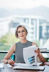Business woman, paperwork and portrait in office with market research analyst with statistics at...