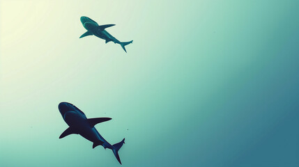 Obraz premium Two sharks swimming gracefully underwater in a serene blue ocean during daylight