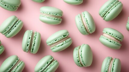 Mint macaroons in a row on pink background,french macaroons,Paris Pastry macaron green tea,Pastry shop card with copy space,french macaroons,bakery and branding concept,copy space.