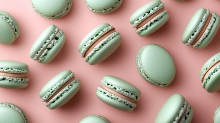 Mint macaroons in a row on pink background,french macaroons,Paris Pastry macaron green tea,Pastry shop card with copy space,french macaroons,bakery and branding concept,copy space.