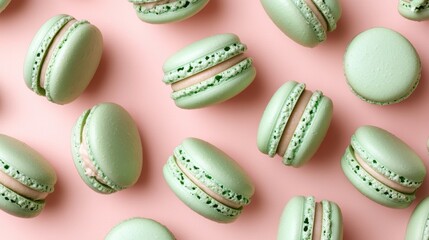 Mint macaroons in a row on pink background,french macaroons,Paris Pastry macaron green tea,Pastry shop card with copy space,french macaroons,bakery and branding concept,copy space.