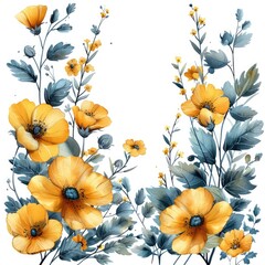 Fototapeta premium Watercolor yellow floral frame border, white background, cute clipart