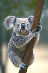 Adorable koala with fluffy ears and a curious expression clings to a tree branch