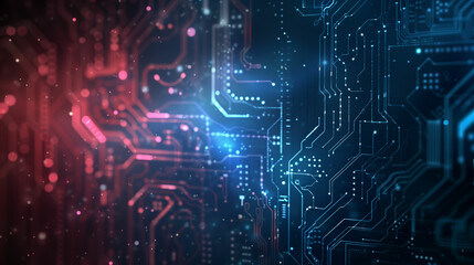 Obraz premium Abstract digital circuit board design with blue and red light effects, illustrating technology and innovation in a dark environment