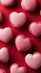 Fototapeta premium French sweet Strawberry Pink heart macaroons isolated on red background. Pastry shop card with copy spacefrench macaroons,Paris Pastry,bakery and branding valentine couple concept,copy space.