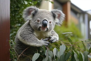 Obraz premium Adorable koala bear perched on eucalyptus branch, looking curiously at camera with wide eyes and fluffy gray fur against blurred background