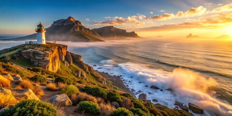 Naklejka premium South African Coast in the morning soft golden light peeks through the misty fog, illuminating the rugged shoreline of Table Mountain National Park