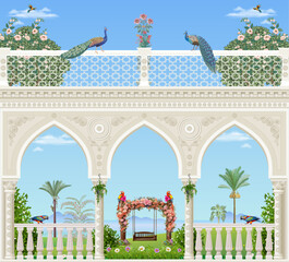 Beautiful Arch Chinoiseries peacock, Parrot, Birds Palace garden royal Wallpaper. moroccan decorative garden with river, floral swing and mountain used for wallpaper vector file.