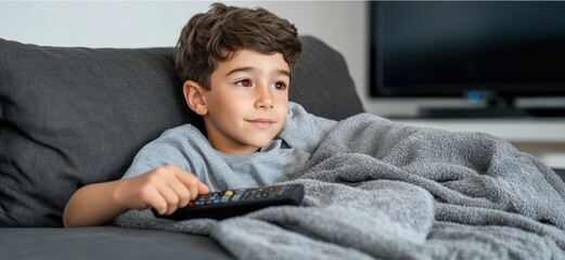A young boy, about ten years old, lies comfortably on the sofa at home, wrapped in a gray blanket while happily watching TV with a remote control in hand