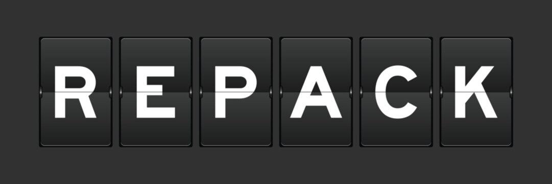 Black color analog flip board with word repack on gray background
