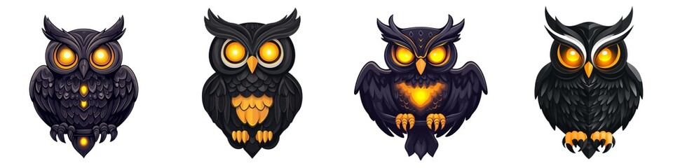 Fototapeta premium A collection of four unique cartoon owls with glowing eyes, perfect for whimsical designs and children's themes.