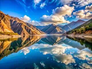 Fototapeta premium Lake Lugu, China (A landslide lake that was also influenced by wind erosion and deposition) in the morning, featuring a low-angle perspective, looking up towards the surrounding mountains