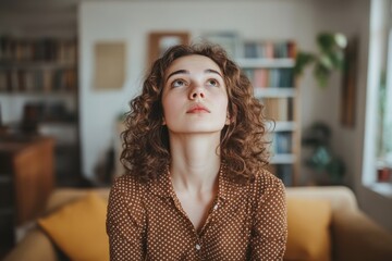 Naklejka premium A young woman with curly hair and a serious expression is standing in a bright living room