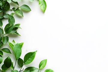 Fototapeta premium Fresh green leaves arranged on a white background, creating a natural and serene atmosphere, perfect for eco-friendly designs and nature-themed projects. Generative AI