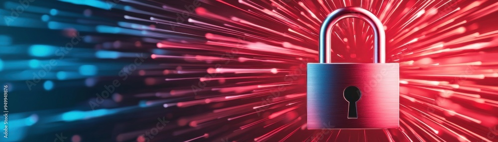 Poster secure padlock with dynamic light rays, symbolizing digital security, privacy, and data protection i