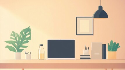Fototapeta premium A modern workspace featuring a laptop, plants, and minimalist decor, ideal for creativity and productivity.