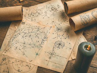 An intimate astrology consultation with detailed natal charts, zodiac symbols, and celestial-themed decor, perfect for astrology-related content.