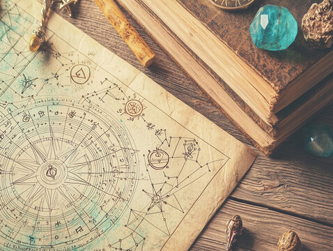 An intimate astrology consultation with detailed natal charts, zodiac symbols, and celestial-themed decor, perfect for astrology-related content.