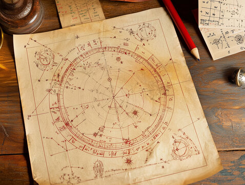 An intimate astrology consultation with detailed natal charts, zodiac symbols, and celestial-themed decor, perfect for astrology-related content.