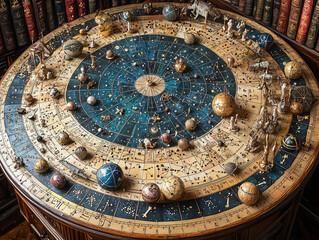 An intimate astrology consultation with detailed natal charts, zodiac symbols, and celestial-themed decor, perfect for astrology-related content.