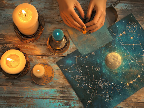 An intimate astrology consultation with detailed natal charts, zodiac symbols, and celestial-themed decor, perfect for astrology-related content.