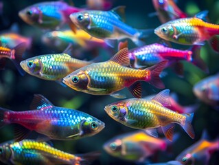 Fototapeta premium Vibrant Spectrum of Ornamental Rainbowfish Swimming in Aquarium