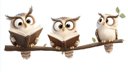 Wise Eyes on the Prize: Adorable owl trio engrossed in their books, perched on a branch, embodying the pursuit of knowledge and the joy of reading. 3D render, white background. 