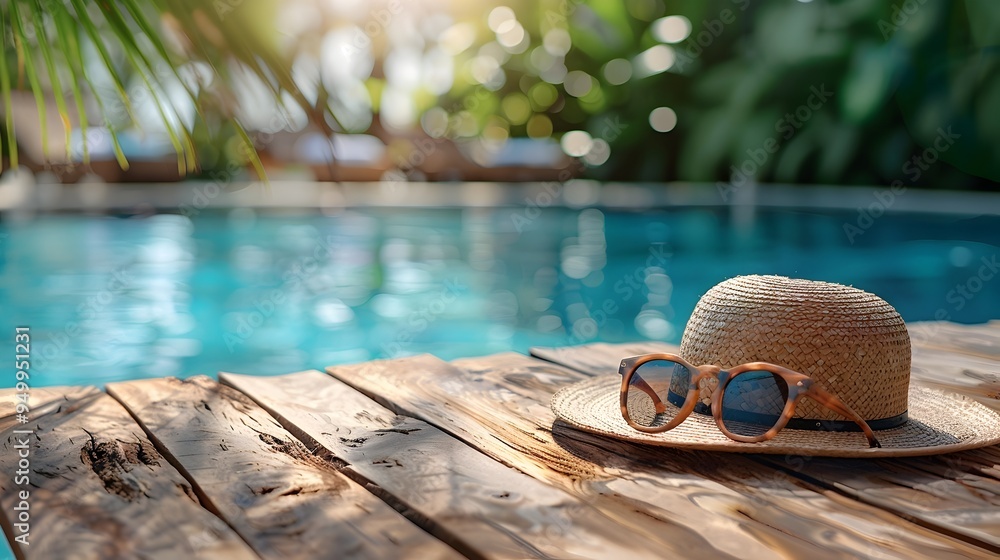 Poster rustic wooden table with poolside view ready for summer accessories display