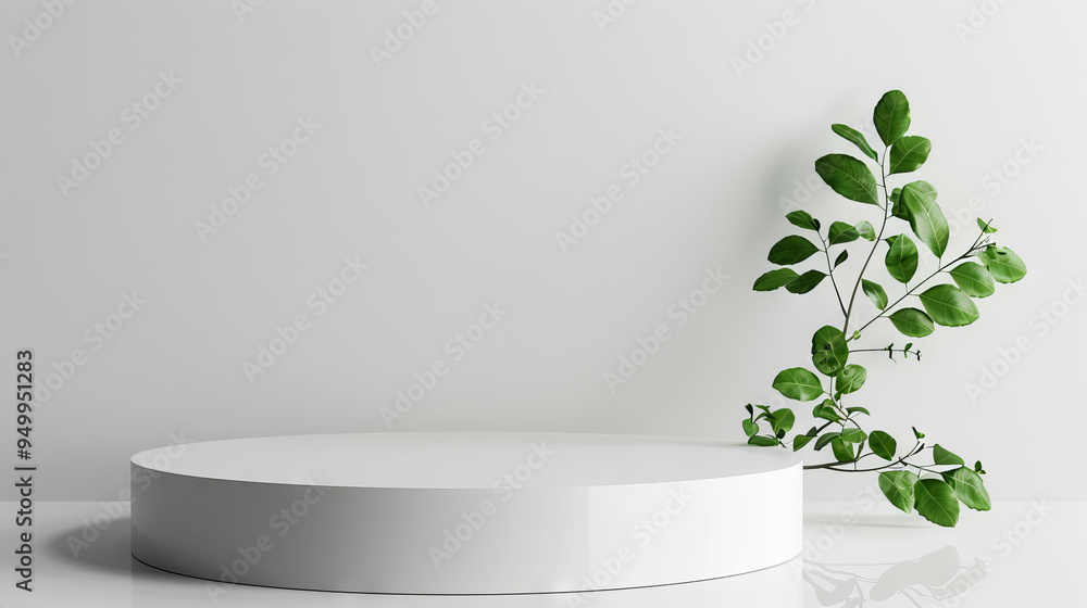 Poster minimalistic white podium with green leaves in a modern studio setting for product display. concept 