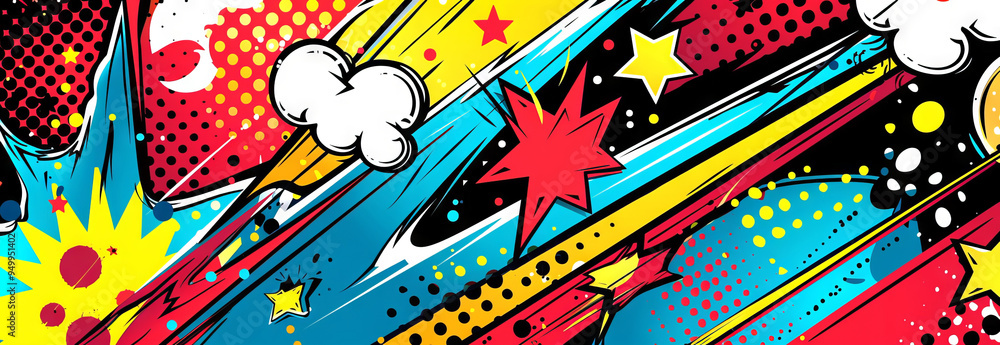 Poster abstract pop art style background with vibrant colors and bold patterns featuring stars and dynamic 