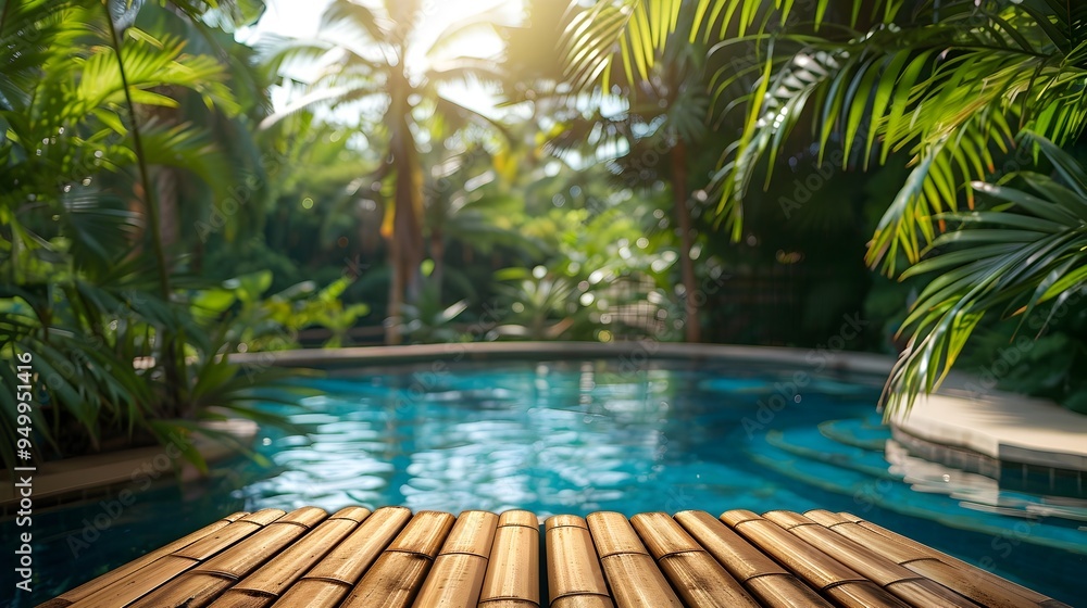 Poster stylish tropical bamboo table by poolside with palm tree backdrop for product display